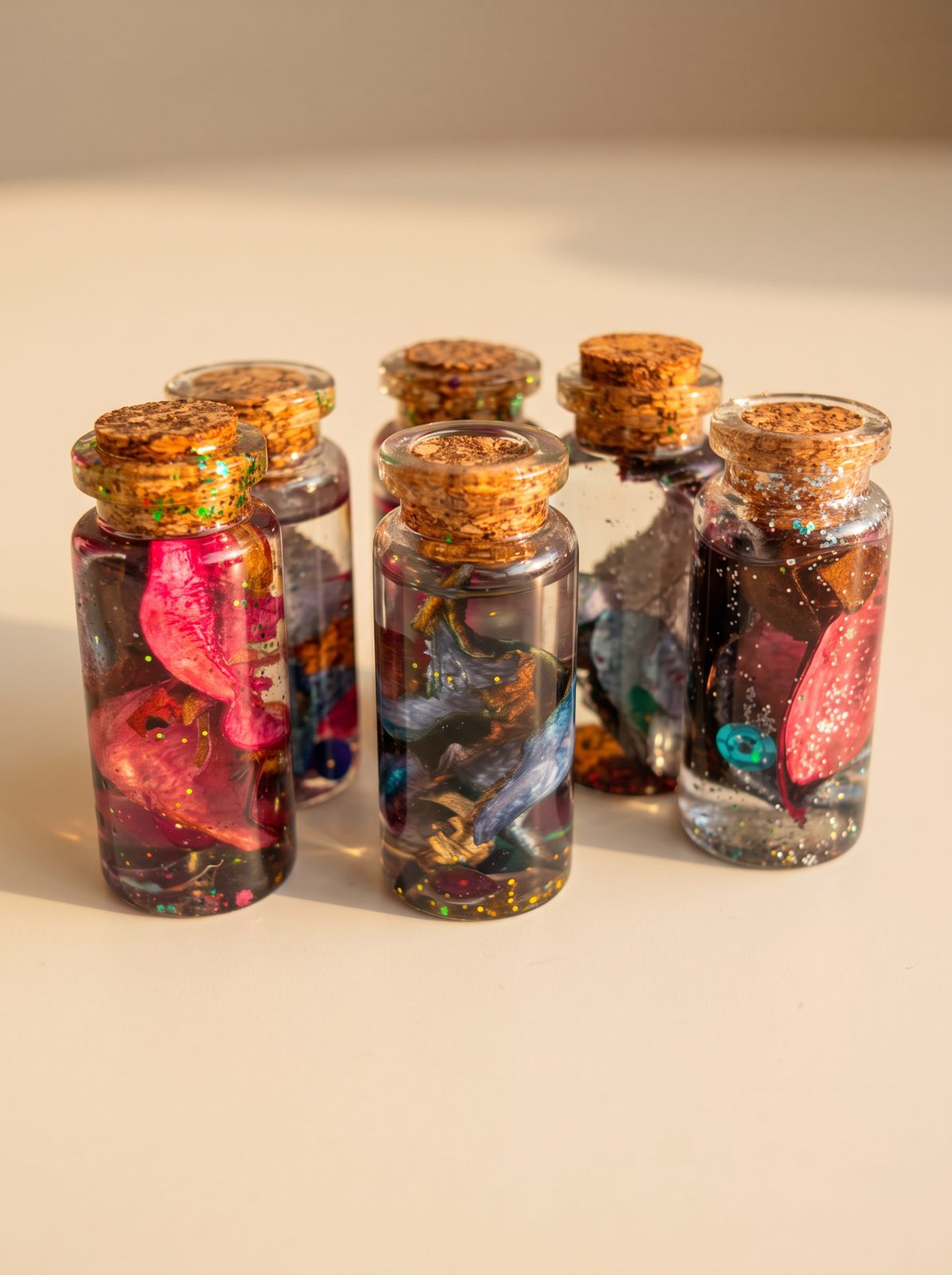 Tiny corked glass jars filled with bookish resin ornaments for decorating a bookshelf