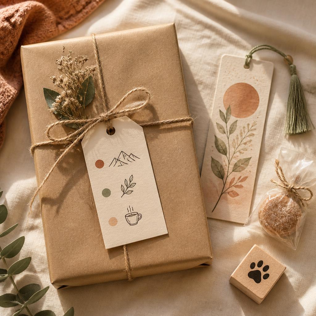 A blind date book package wrapped in brown paper with twine and a bookmark