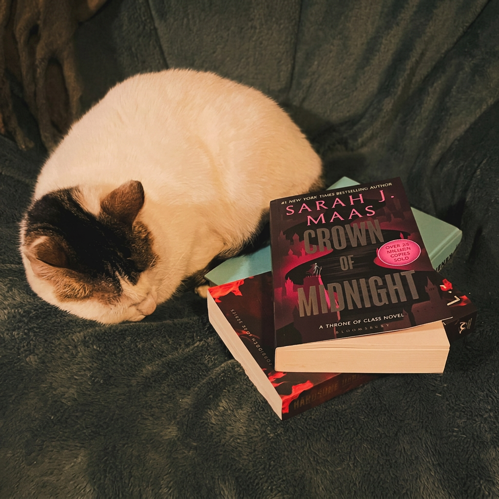 Comit the cat curled up next to Crown of Midnight by Sarah J. Maas