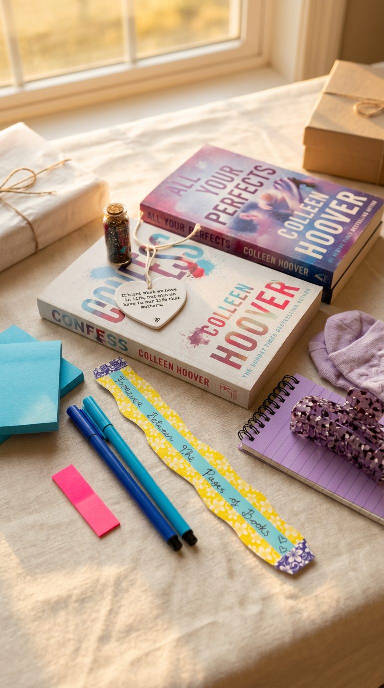 A book package being put together with paperbacks, a ceramic quote heart, socks, a claw clip, pens and a handmade bookmark