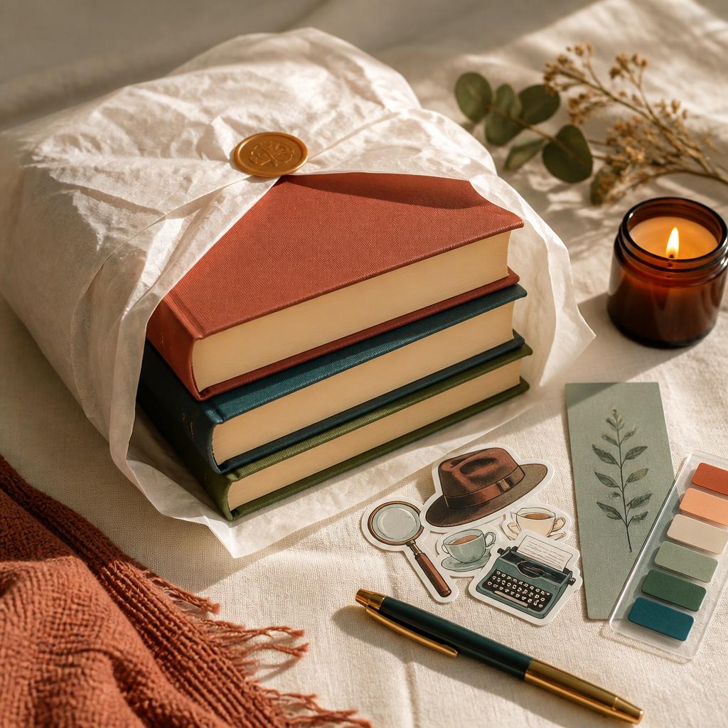 Three mystery books wrapped in tissue with a candle, bookmark, stickers, pen and annotation tabs