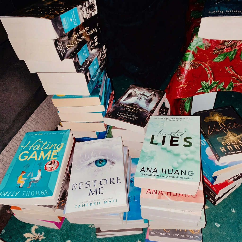 Stacks of paperbacks Amy read in a single year
