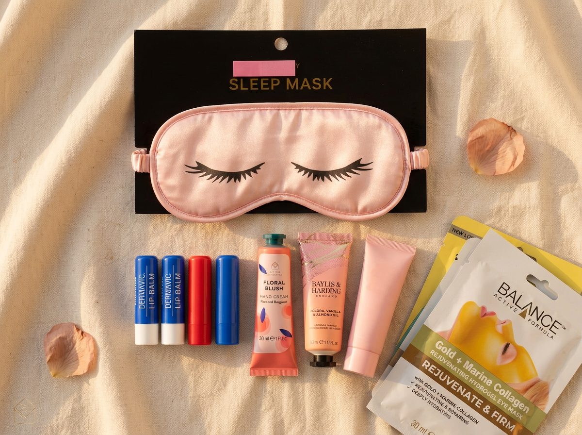Cosy self-care flat lay with a lit candle, silk eye mask, herbal tea, hand cream and soft socks