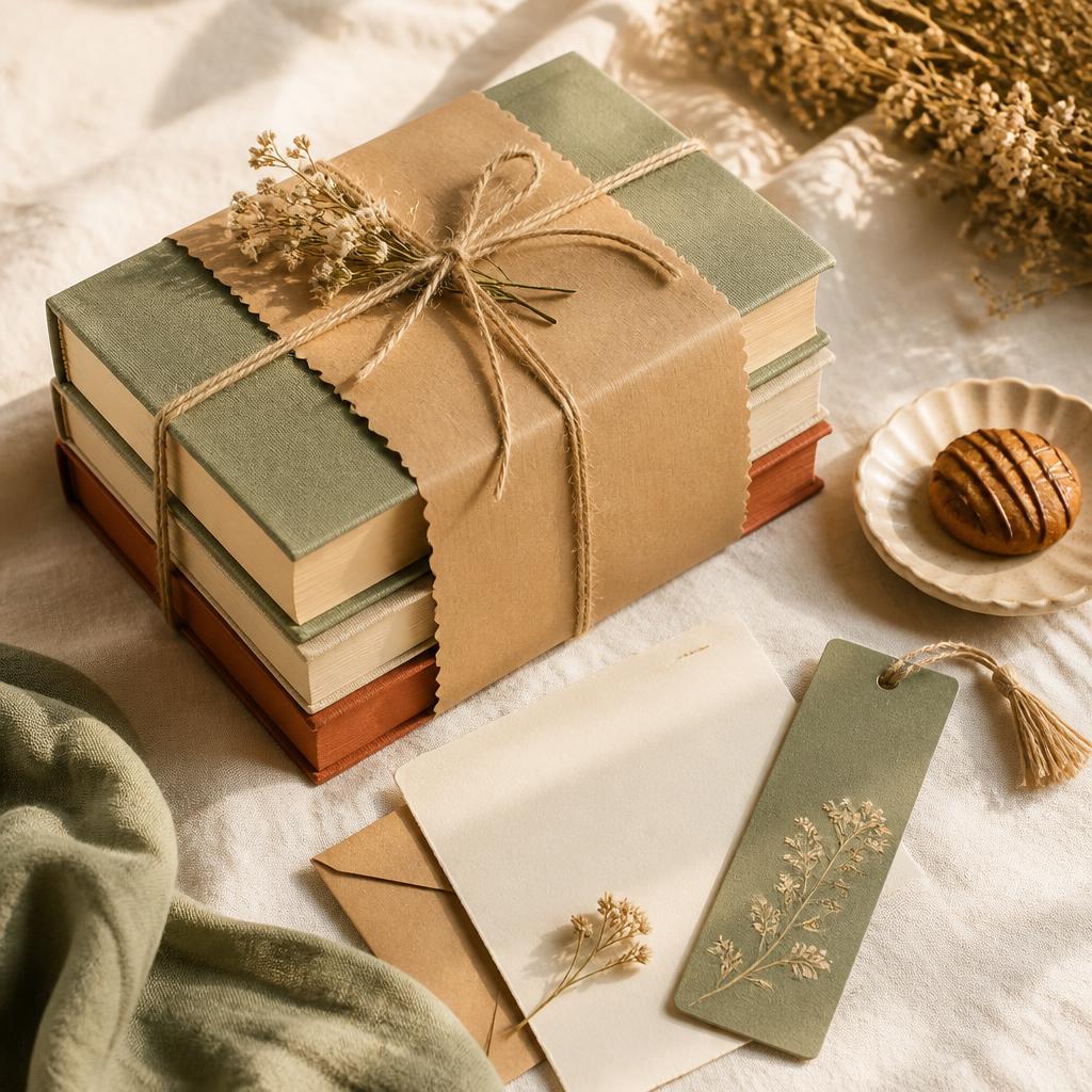 A monthly book box with a wrapped book, bookmark, candle and treats