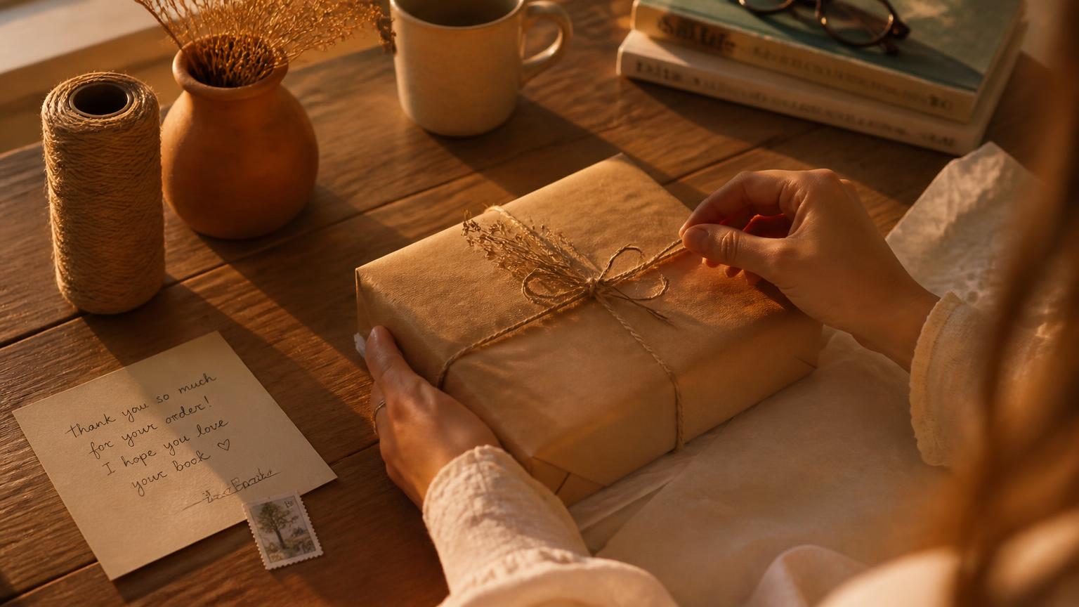 Hands wrapping a book parcel in kraft paper and twine beside a handwritten thank-you note