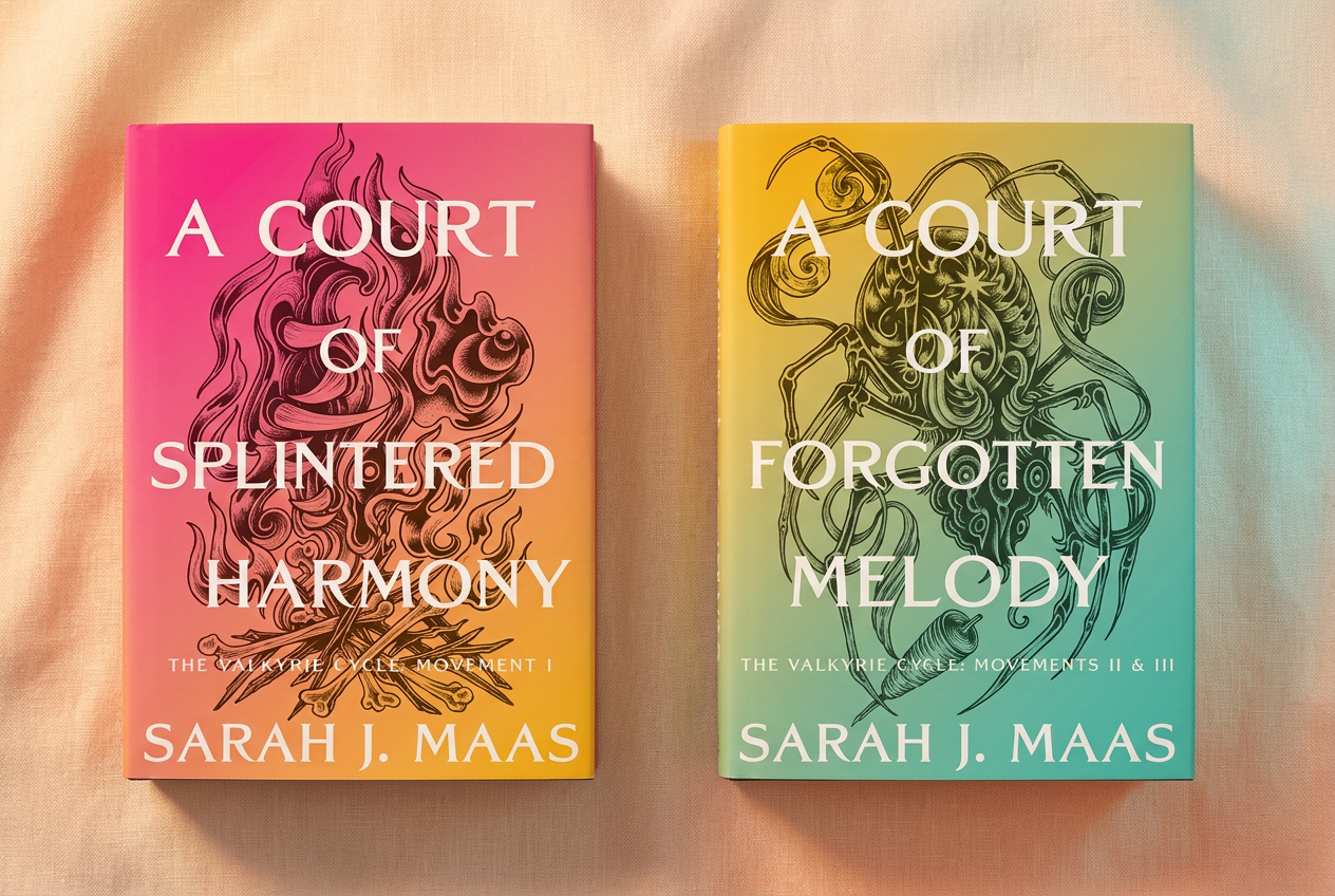 Covers of A Court of Splintered Harmony and A Court of Forgotten Melody by Sarah J. Maas