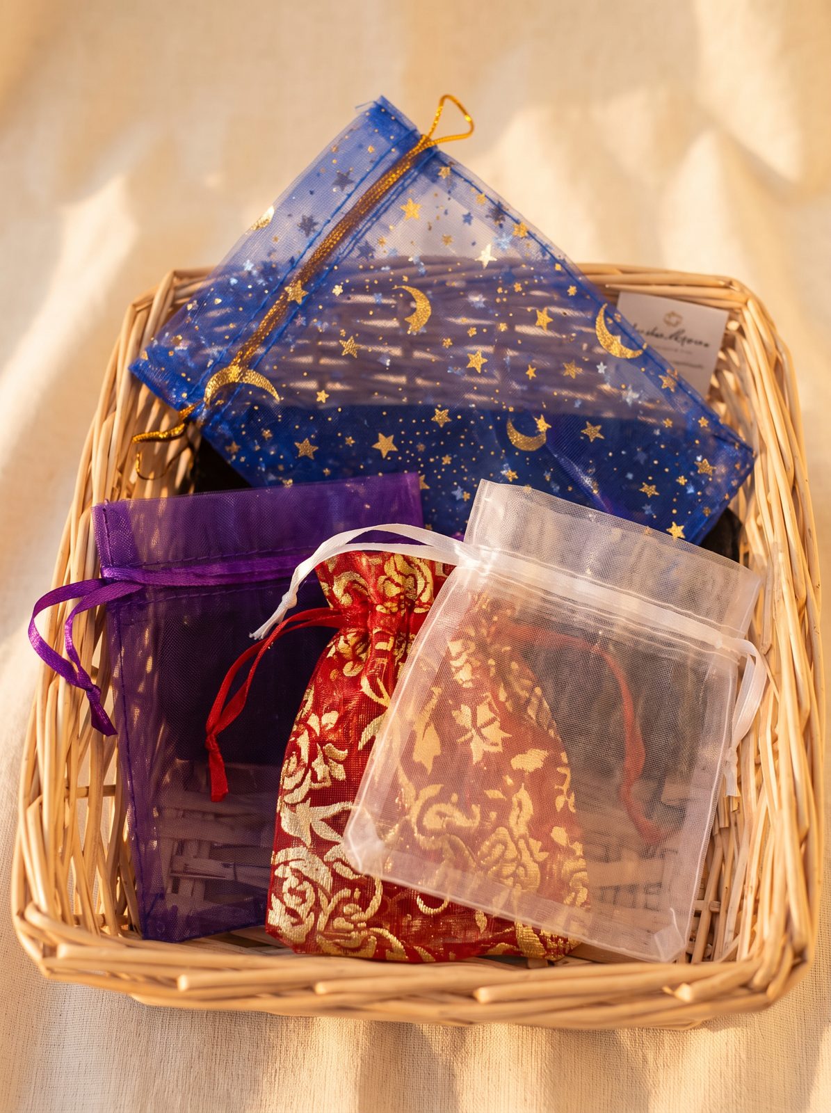 A wicker basket of colourful organza drawstring gift pouches