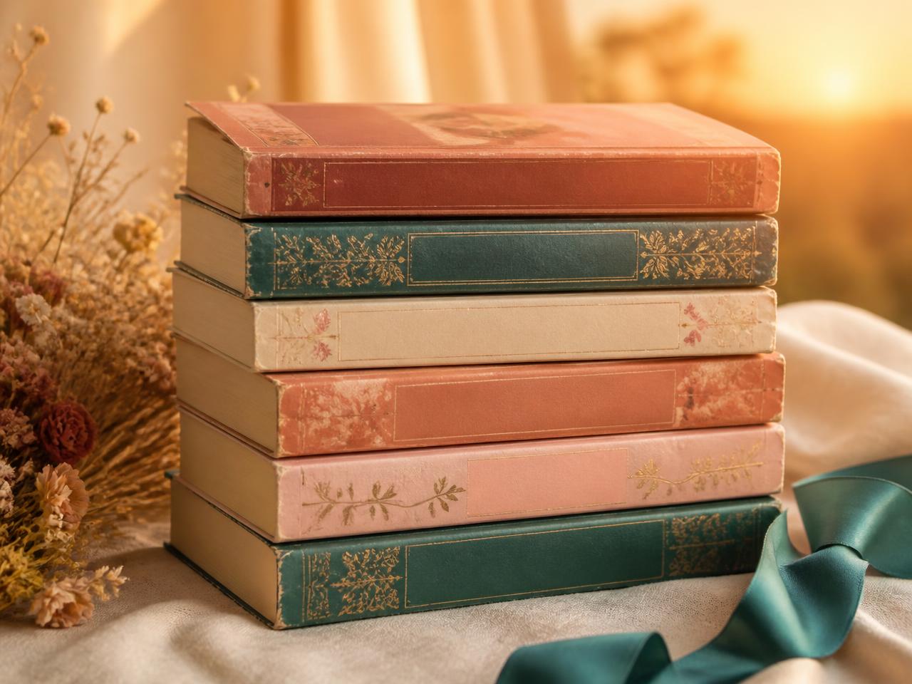 A stack of pre-loved paperbacks in warm sunset light beside dried flowers and a teal ribbon