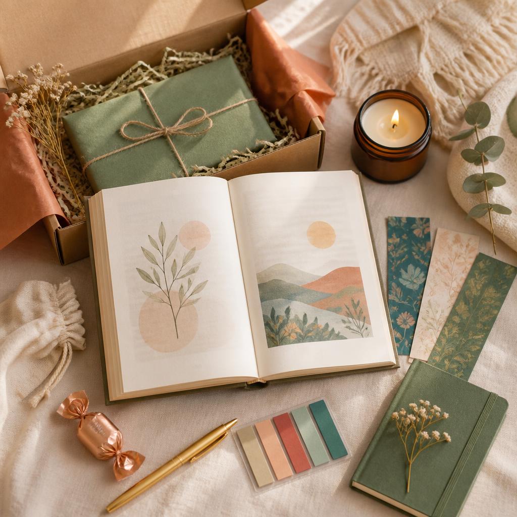 A personalised book package open to show a book, candle, bookmarks, pen and themed treats