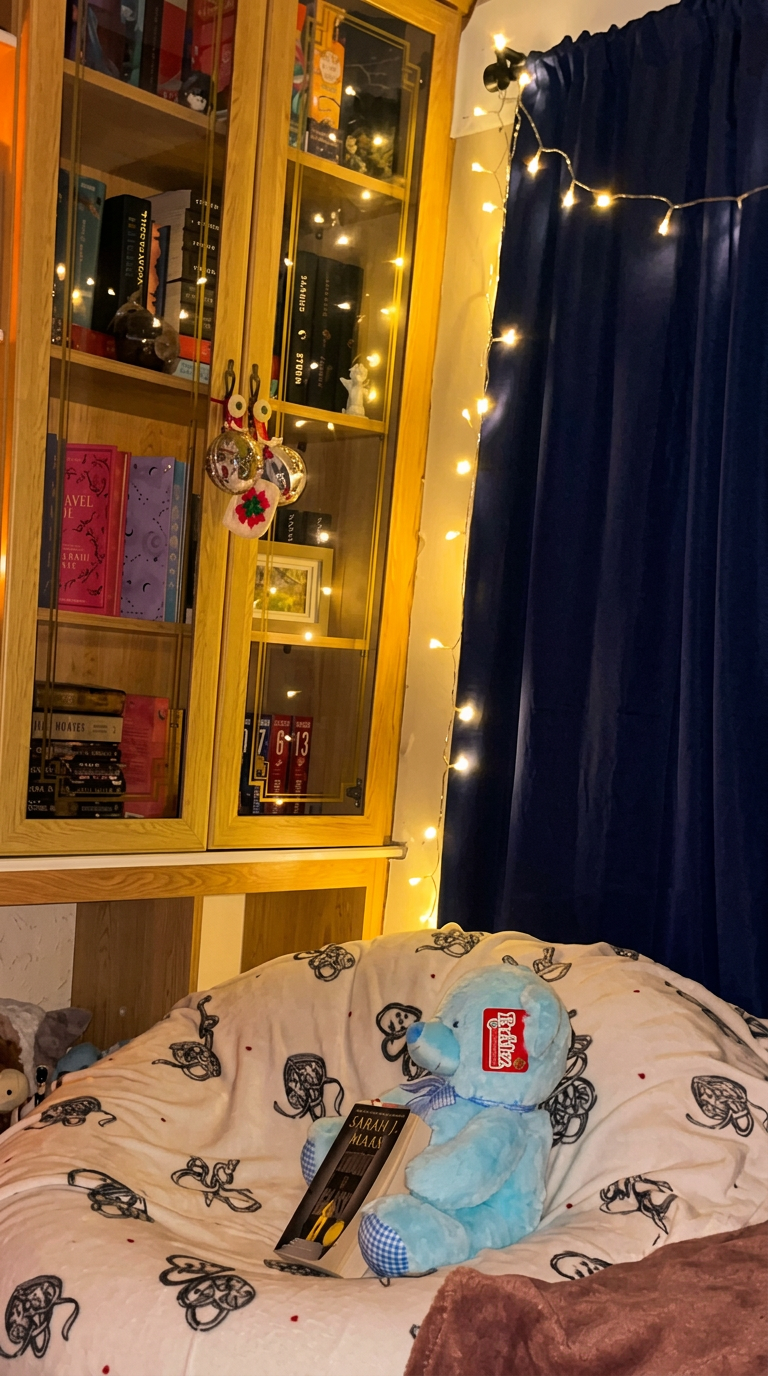 Amy's fairy-lit bookshelf with Sarah J. Maas hardbacks and a blue reading bear