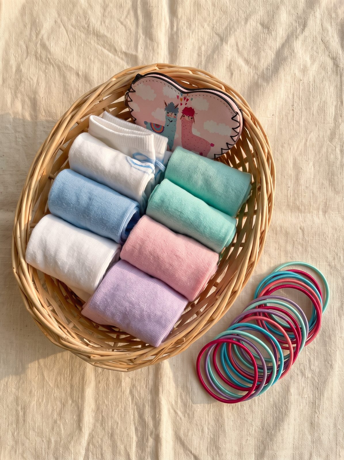 A basket of socks and colourful hair ties