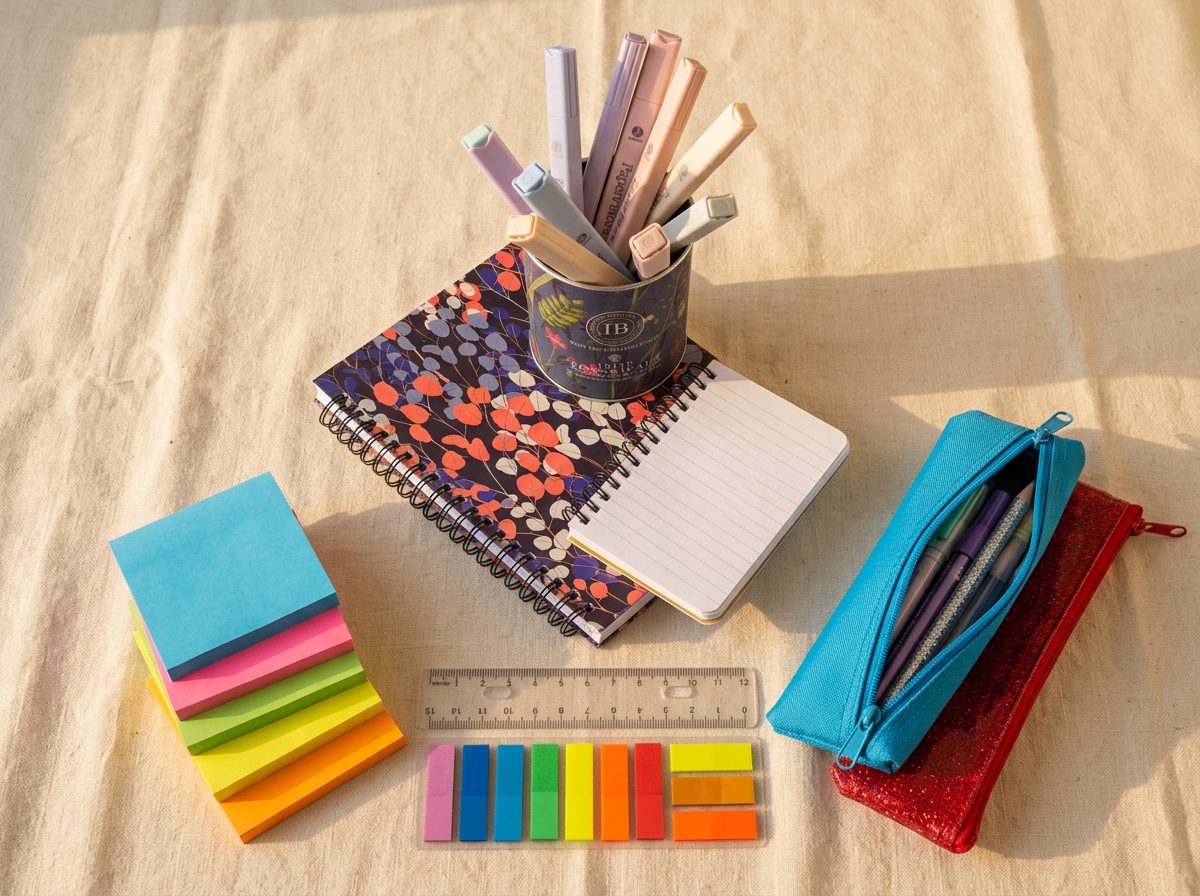Pastel highlighters and stationery in a tidy organiser