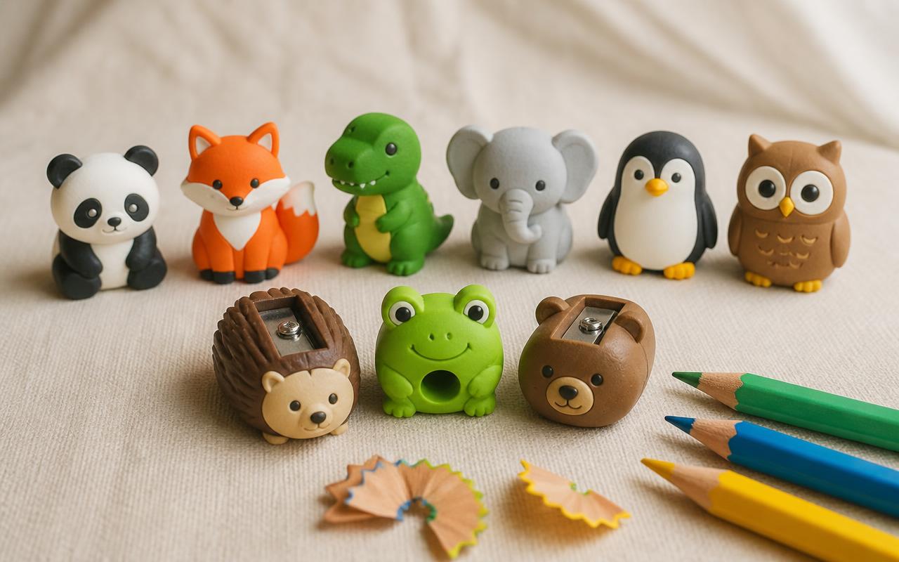 Panda, fox, dinosaur, elephant, penguin and owl animal rubbers with hedgehog, frog and bear pencil parers beside sharpened coloured pencils