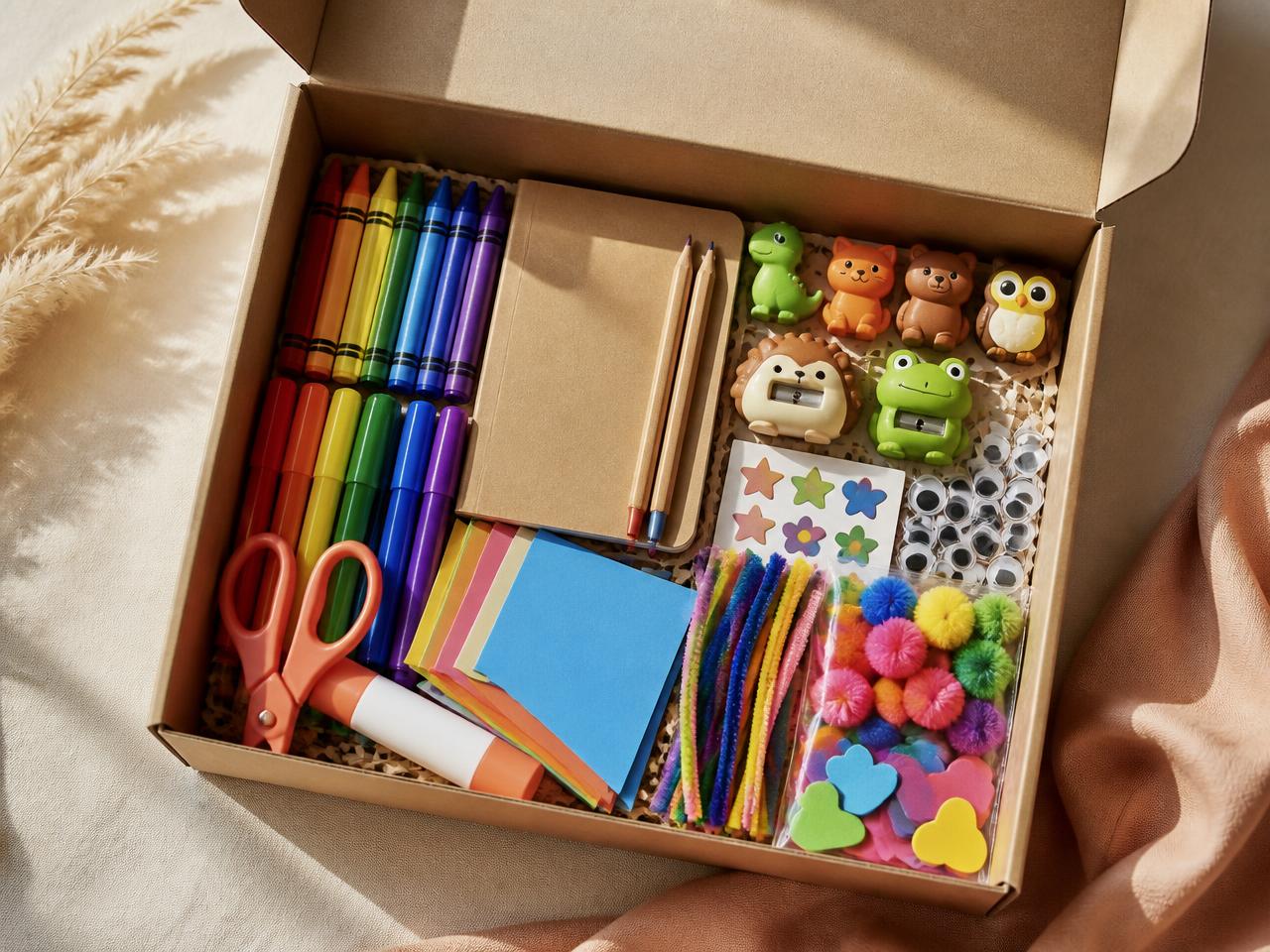A kraft box packed with crayons, felt tips, coloured card, safety scissors, glue stick, stickers, googly eyes, pom poms, pipe cleaners, foam shapes, a notebook, pencils, animal rubbers and hedgehog and frog pencil parers