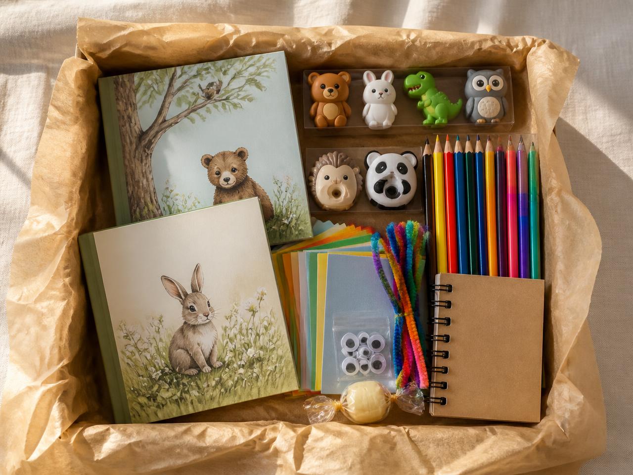 Two children's story books in a kraft box with bear, bunny, dinosaur and owl animal rubbers, hedgehog and panda pencil parers, colouring pencils, craft card, pipe cleaners, googly eyes and a notebook