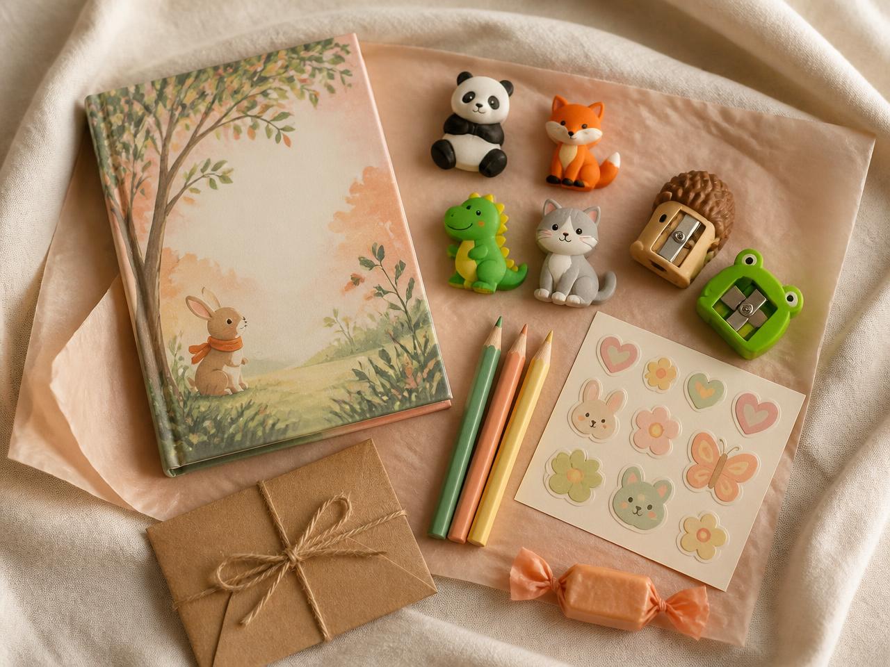 One illustrated children's story book on cream linen beside panda, fox, dinosaur and cat animal rubbers, a hedgehog and frog pencil parer, coloured pencils, stickers and a wrapped sweet