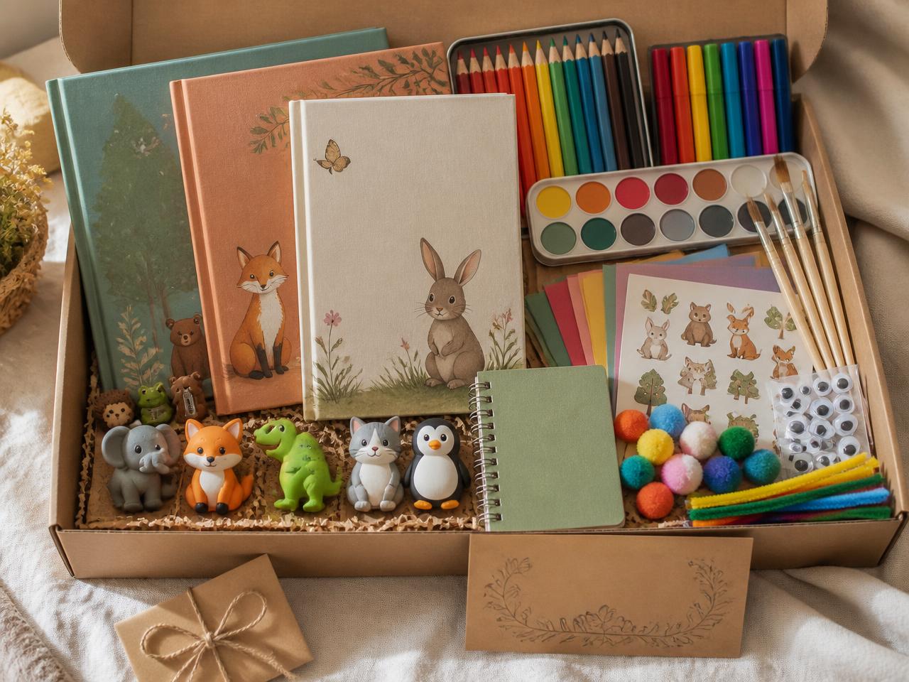 Three illustrated children's story books in a kraft gift box with elephant, fox, dinosaur, cat and penguin animal rubbers, hedgehog, frog and bear pencil parers, a tin of colouring pencils, felt tips, paints, brushes, craft card, stickers, pom poms and pipe cleaners