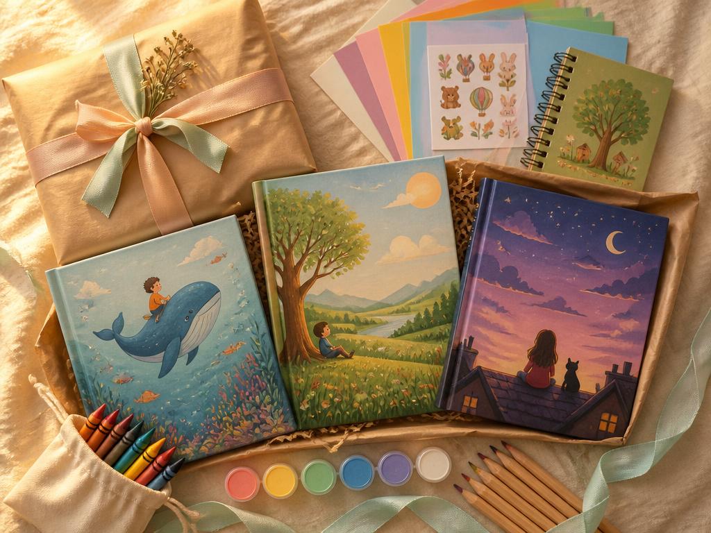 A children's book package with three illustrated story books, crayons, paints, craft paper, stickers and a notebook