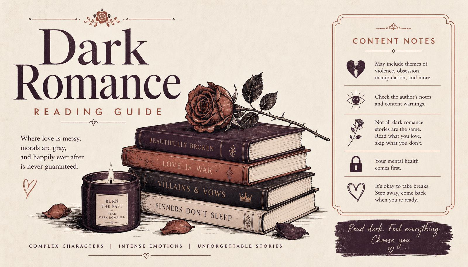 Infographic titled Dark Romance Reading Guide showing a moody stack of books, a rose, a lit candle and a content notes panel on cream paper