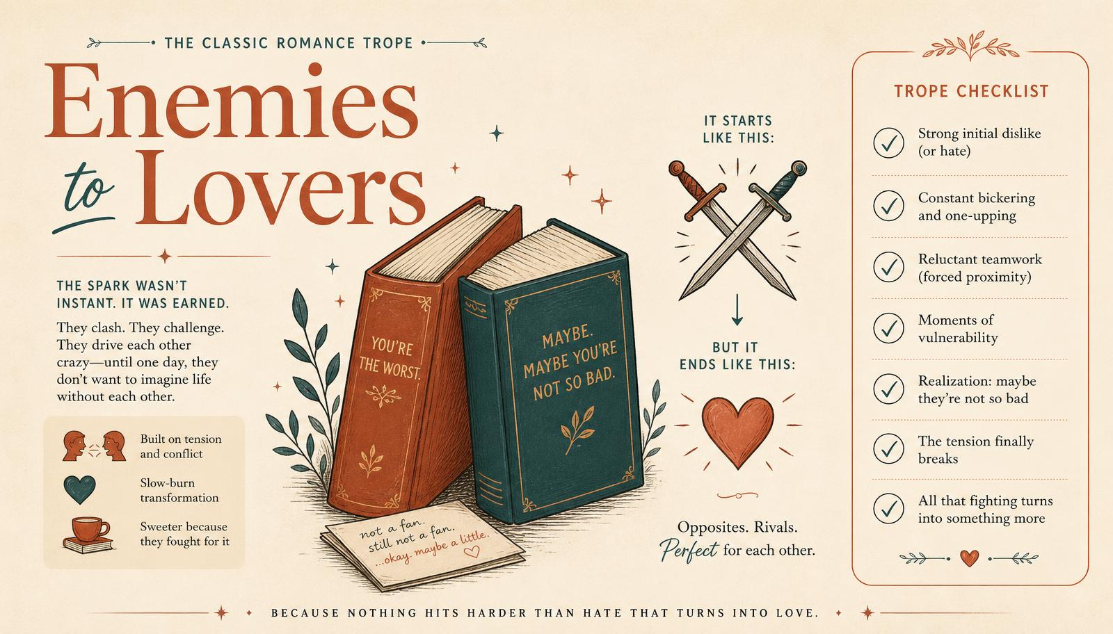 Infographic titled Enemies to Lovers showing two books leaning together, crossed swords turning into a heart and a seven point trope checklist