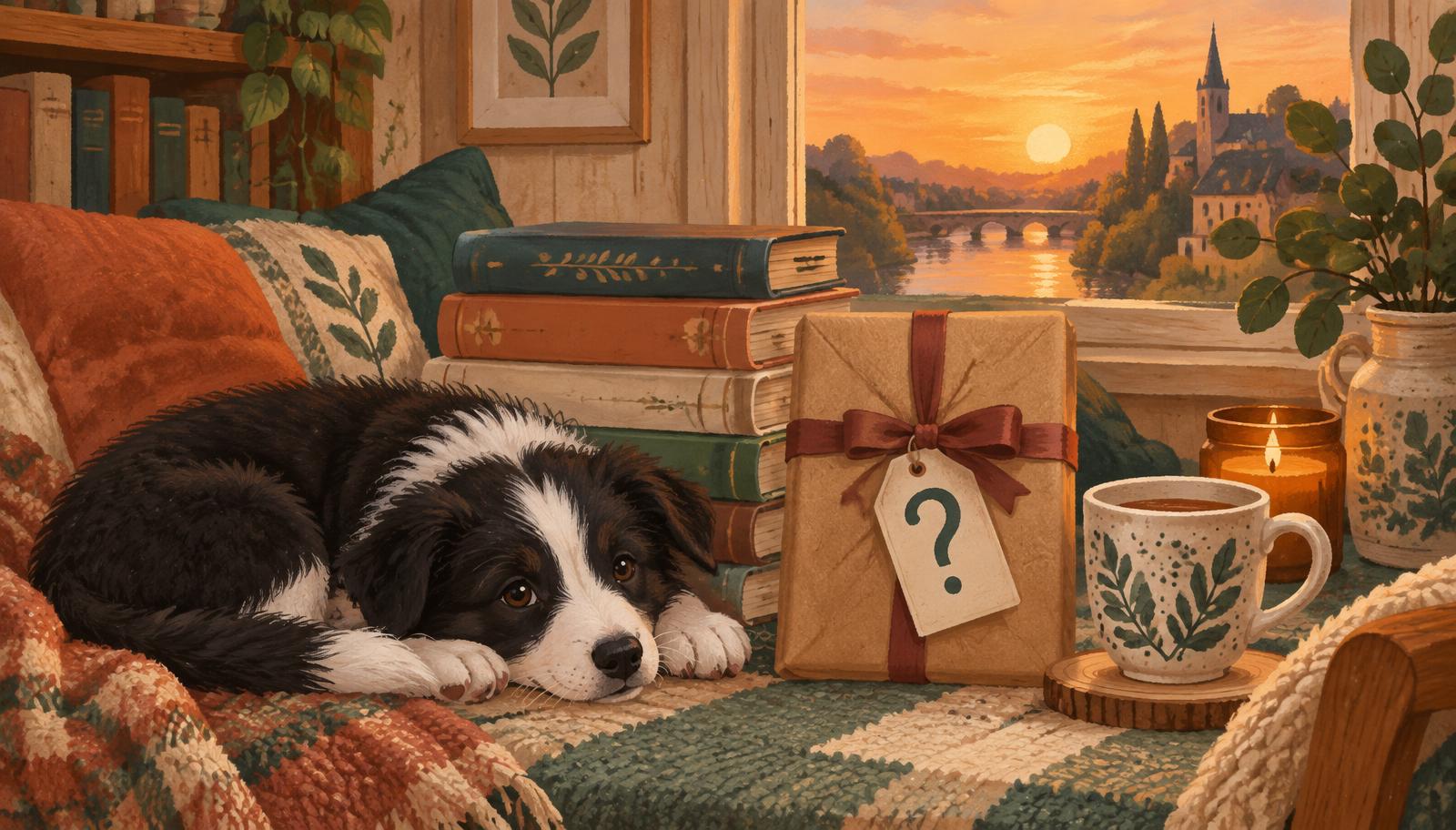Illustration for the what book should I read quiz: a stack of books, a ribbon-wrapped blind date parcel and Bella the border collie puppy at sunset